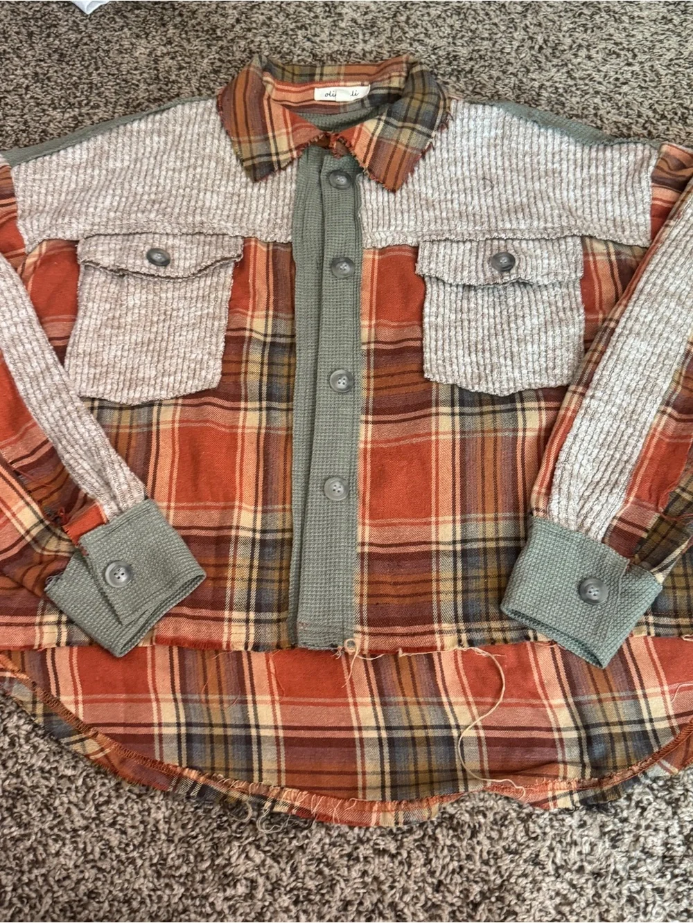 Oli & Hali Orange Plaid & Olive Knit Button-Down Shirt - Picture 1 of 4